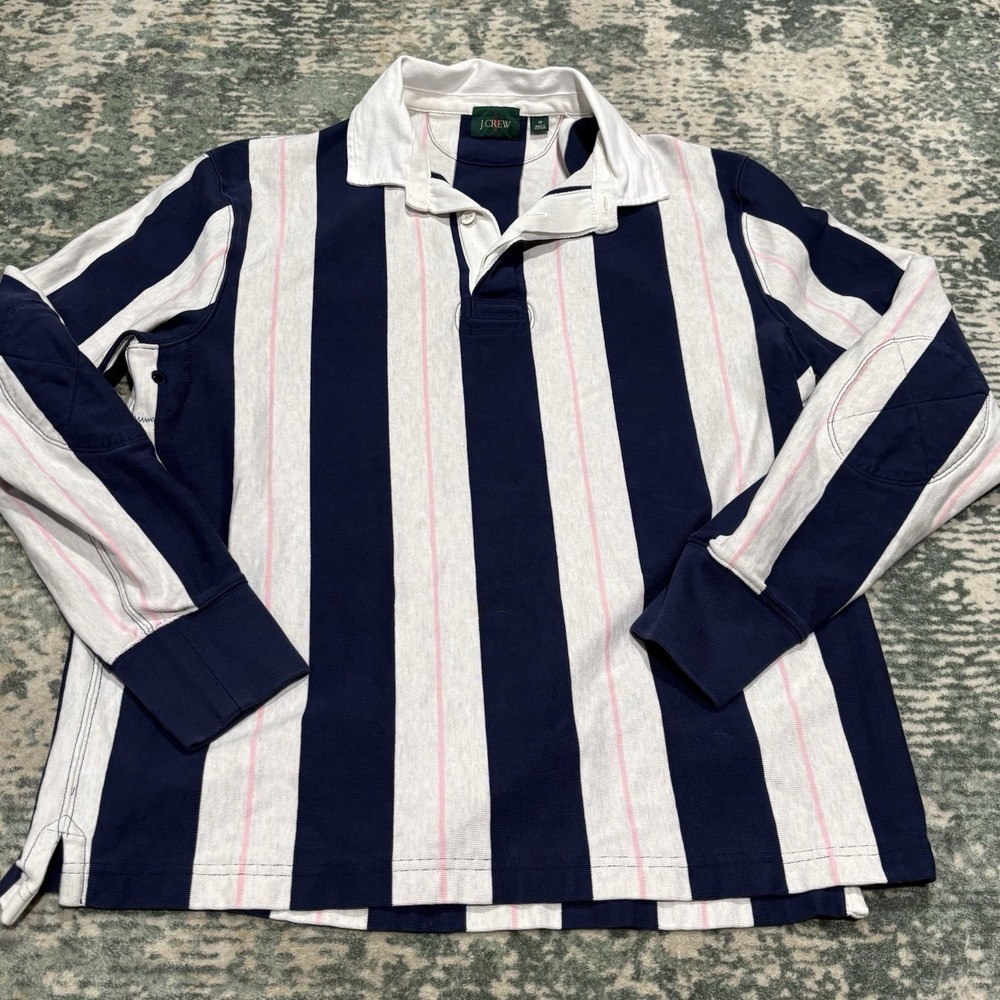 J.Crew Men's Medium Striped Rugby Shirt Navy Pink White Quilted Elbow Patches